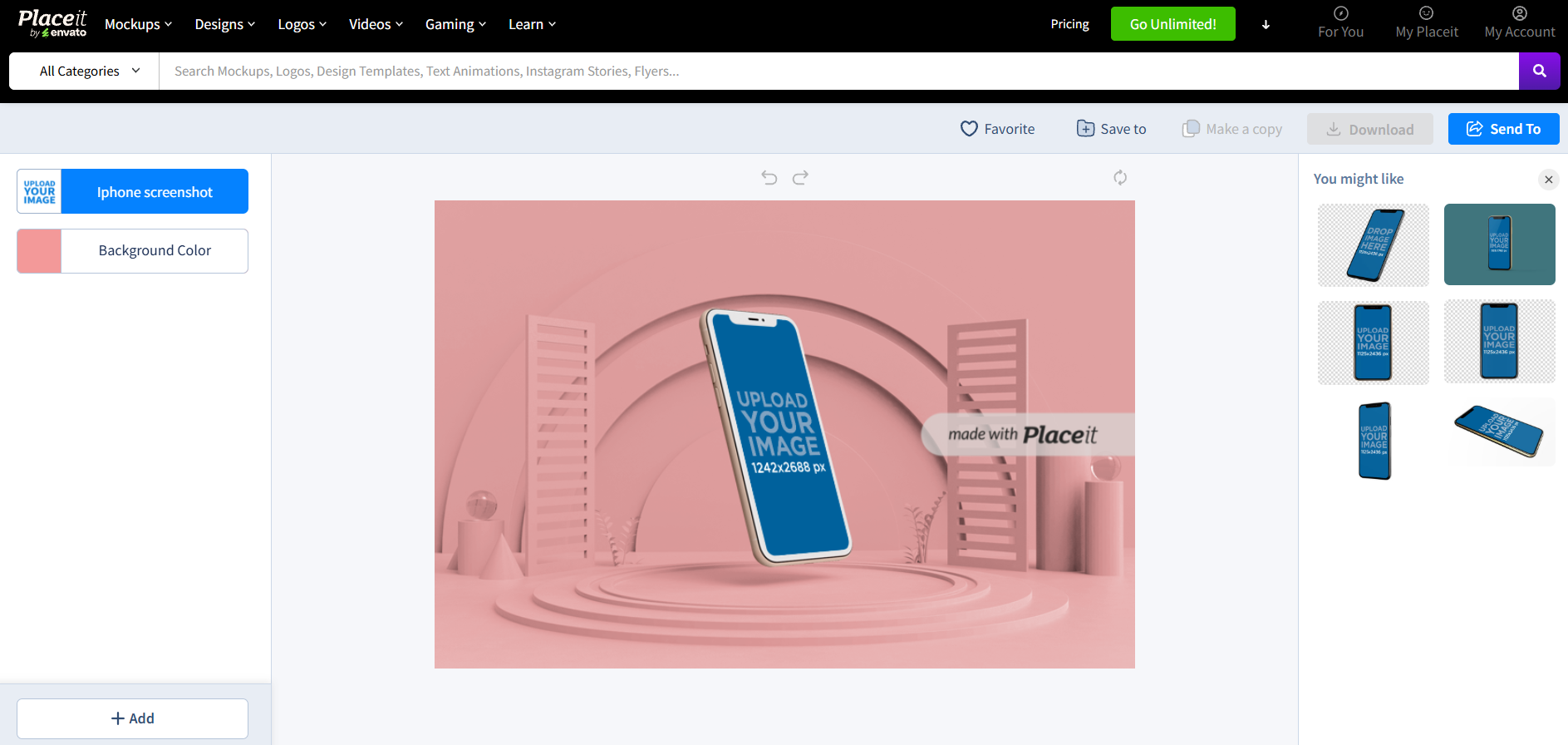 Placeit editor interface showing an iPhone mockup on a pink background 